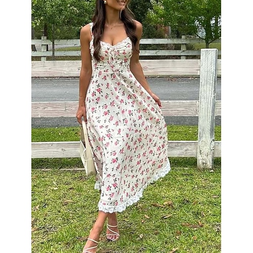 Damen Maxikleid A Linie Kleid Unterkleid Urlaub Lässig Outdoor Ausgehen Normale Passform Blumen Ärmellos V Ausschnitt Aprikose Sommer Frühling Image