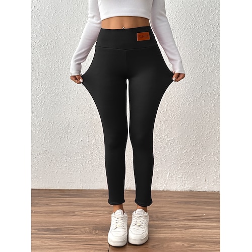 Damen Fleecehose Leggings Urlaub Mode Streetwear Volle Länge Hohe Taille Einfach Elastischer Bund Bequem Weich Dehnbar Innen Marineblau Schwarz Weiß Wein Herbst Winter Schmale Passform Image