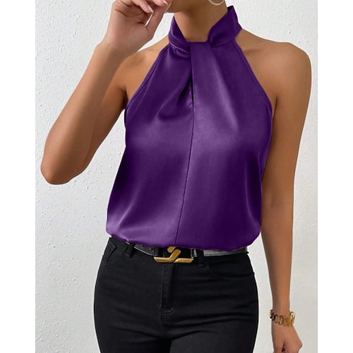 Damen Hemd Elegant Satin-Top Seidenhemd Rückenfrei Einfach Elegant Stilvoll Ärmellos Neckholder Normale Oberteile Ferien Ausgehen Schwarz Weiß Kamel Purpur Braun Sommer Frühling Image