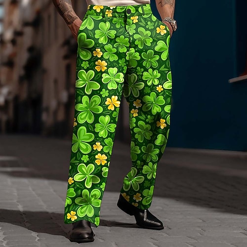St. Patrick's Day Herren vierblättrige Kleeblätter Shamrock-Hosen Anzughosen mittlere Taille Mode lässig Urlaub entspannter Schnitt gerade Anzughosen mit Seitentaschen Frühling Herbst 3D-Druck grün 1 Image