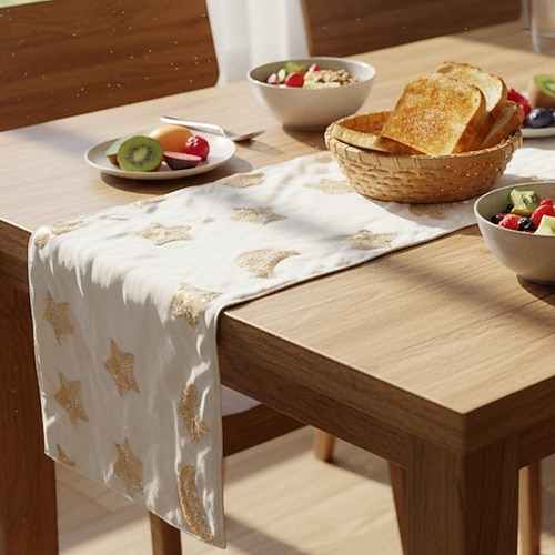 Ramadan Eid nordisches Grün goldener Stern Tischläufer mit Mond-Paillettenstickerei im skandinavischen Stil, festliche und alltägliche Esszimmerdekoration, perfekt für Partys und als Image