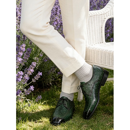 Grüne Derby-Schuhe für Herren mit Krokodilprägung – stilvolle Lederschuhe mit Schnallendetail, perfekt für Hochzeiten, Partys und besondere Anlässe. Image