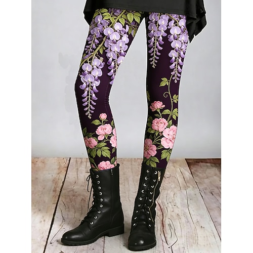 Damen Leggings Gemütliche Leggings Urlaub Lässig Volle Länge Hohe Taille Blumen Grafik Drucken Komfort Bequem Dehnbar Lässig Täglich Urlaub Purpur Sommer Frühling Herbst Schmale Passform Image