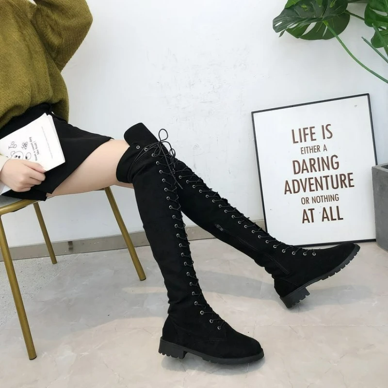 Damenstiefel, Schnürstiefel, Oberschenkelhohe Stiefel, Herbst-Winter-Wildleder, Overknee-Stiefel, solider langer Stiefel, Übergröße, niedrige Absätze, Damenschuhe