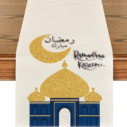 Tischläufer für Ramadan-Eid, Mond Tischdecke mit Goldmuster, hitzebeständig, geeignet für Küche und Eingangsbereich, elegantes Wohnaccessoire für Feiertage und den täglichen Gebrauch Image