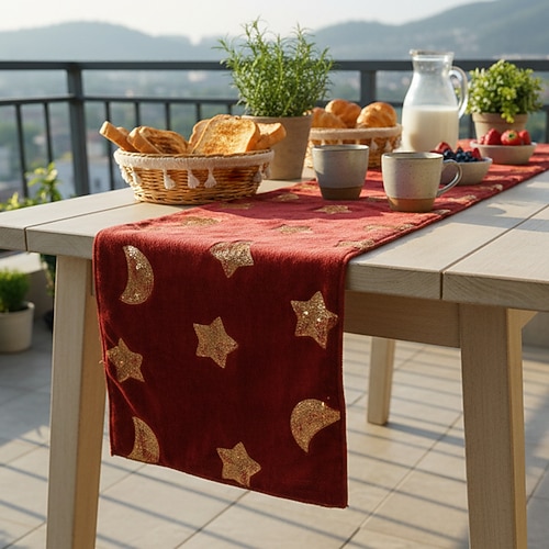 Ramadan Eid nordisches Grün goldener Stern Tischläufer mit Mond-Paillettenstickerei im skandinavischen Stil, festliche und alltägliche Esszimmerdekoration, perfekt für Partys und als Image