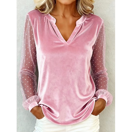 Neujahr Damen Samt Tupfen Elegant Vintage Langarm V Ausschnitt Normale Oberteile Täglich Hochzeitsgast Ferien Blau Schwarz Rosa Wein Gold Herbst Winter
