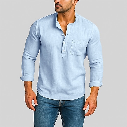 Herren Hemd Leinenhemd Popover-Hemd Sommerhemd Strandhemd Einfach Lässig Urlaub Schwarz Weiß Hellgrün Braun Langarm Stehkragen Sommer Frühling Bekleidung Tasche Image