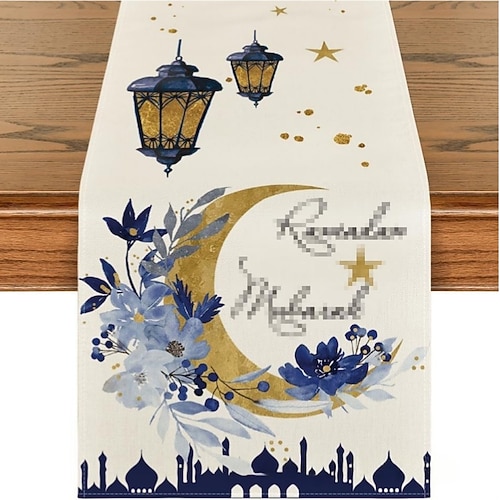 Tischläufer für Ramadan-Eid, Mond Tischdecke mit Goldmuster, hitzebeständig, geeignet für Küche und Eingangsbereich, elegantes Wohnaccessoire für Feiertage und den täglichen Gebrauch Image