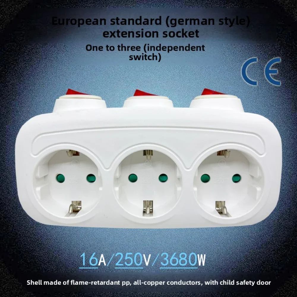 3-Wege-Steckdosenleiste nach europäischem/deutschem Standard mit unabhängigem Schalter, CE-zertifizierter 1-zu-3-Ausgangsverlängerung Image