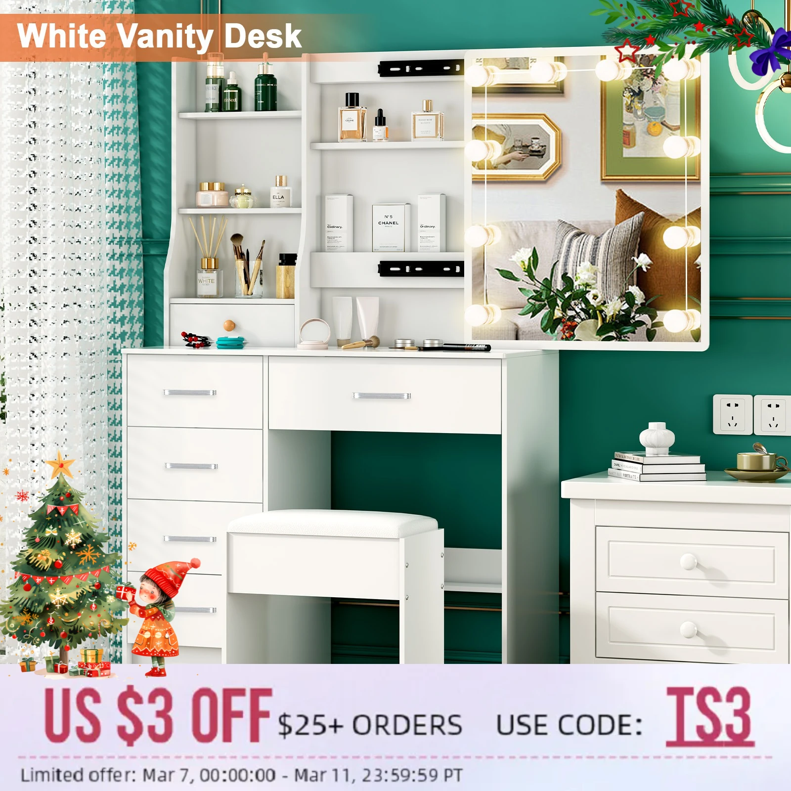 Schminktisch Frisiertisch mit Spiegel und Hocker Beleuchtung Schublade 10 LED Image