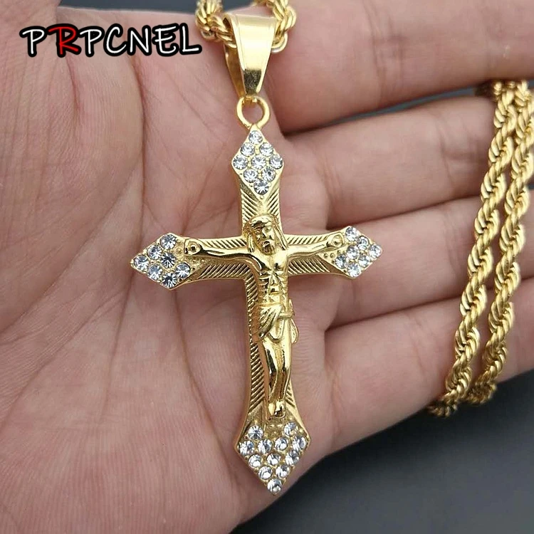 Gold farbe ton Quer Christus Jesus Anhänger Halskette mit zirkon 316L Edelstahl Link rolo Kette Schwere Männer Schmuck Geschenk