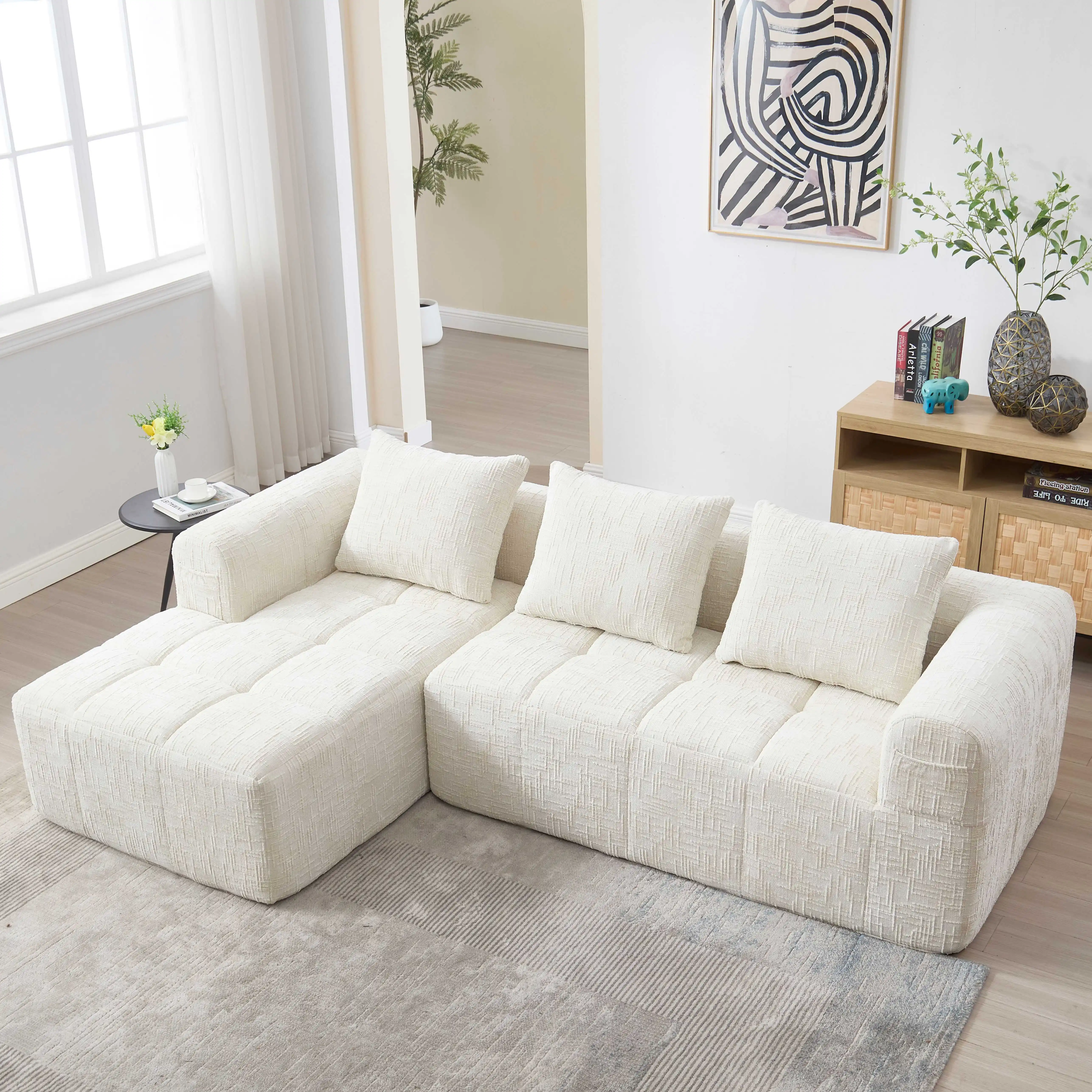 Modernes Sofagarnitur, L-förmiges Sofa, 3-Sitzer-Sofa mit Liegesessel und Armlehnen, luxuriöses gerades Sofa für Villa, Hotel, Wohnung
