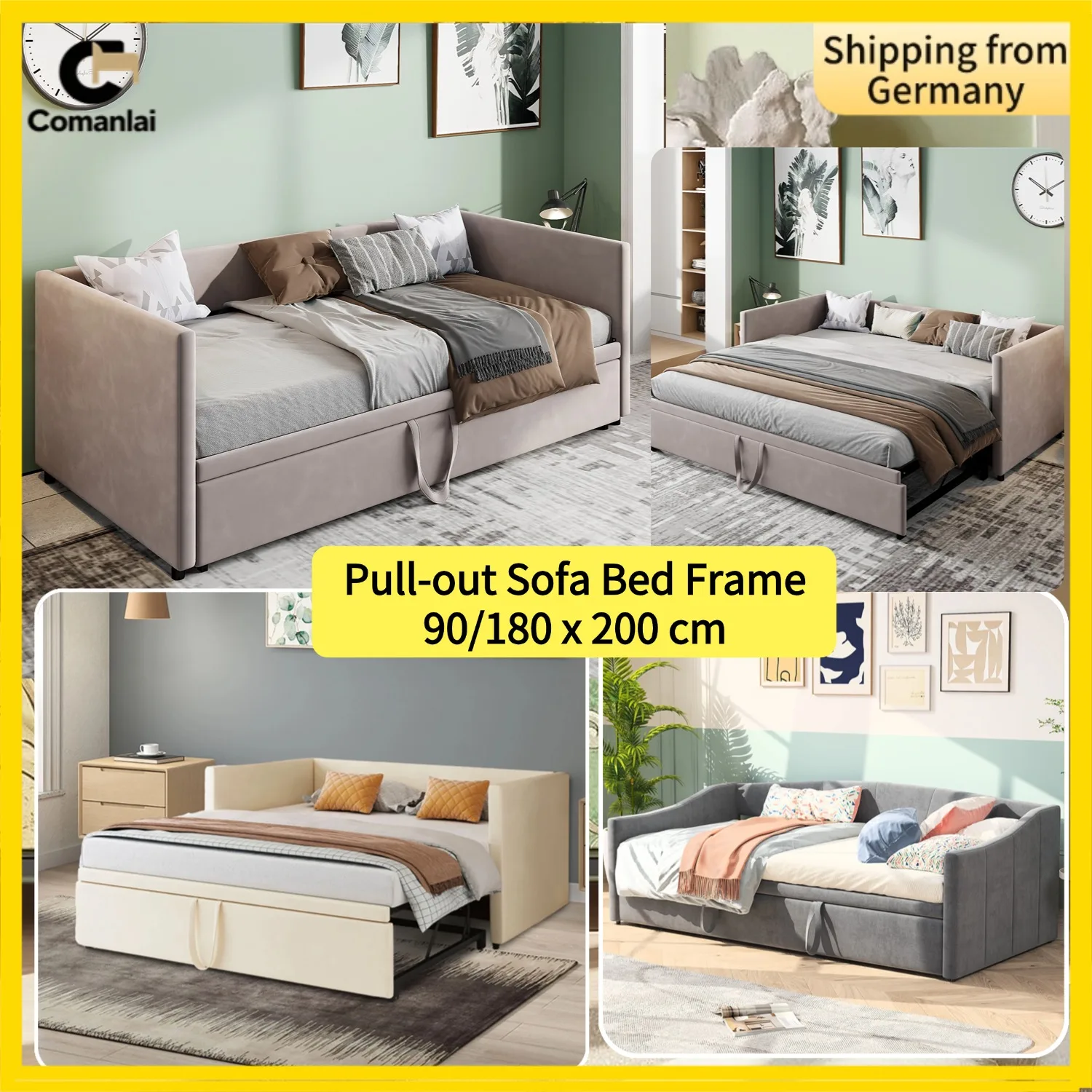 Comanlai Ausziehbares Schlafsofa, Rahmen 90/180 x 200 cm, samtgepolstertes Bett mit Lattenrost, Einzelbett, Doppelbett, platzsparendes Bett Image