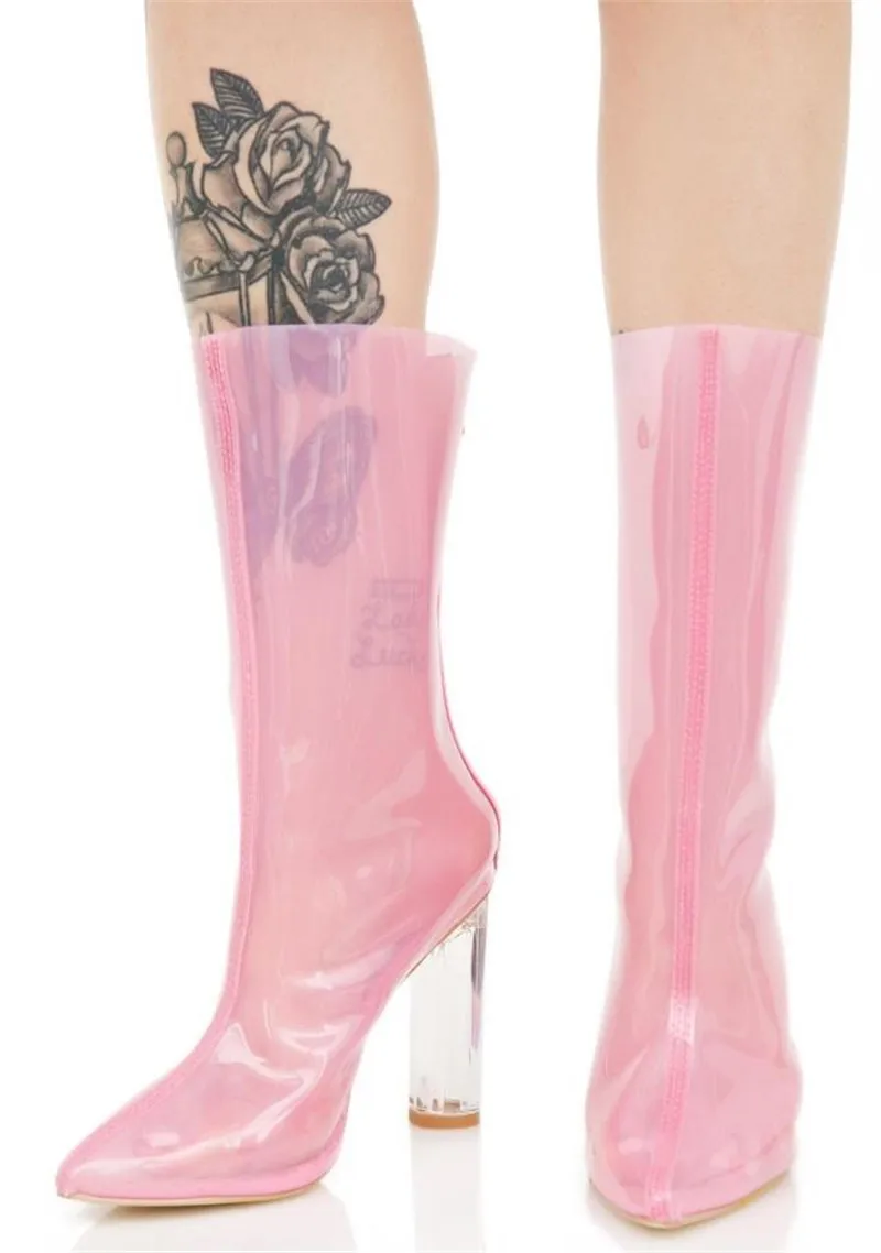 Sexy Klar Stiefel Spitz Stiefeletten Frauen PVC Dicke Hohe Ferse Schuhe Frau Transparente Echt Leder Kurze Stiefel Große größe 46