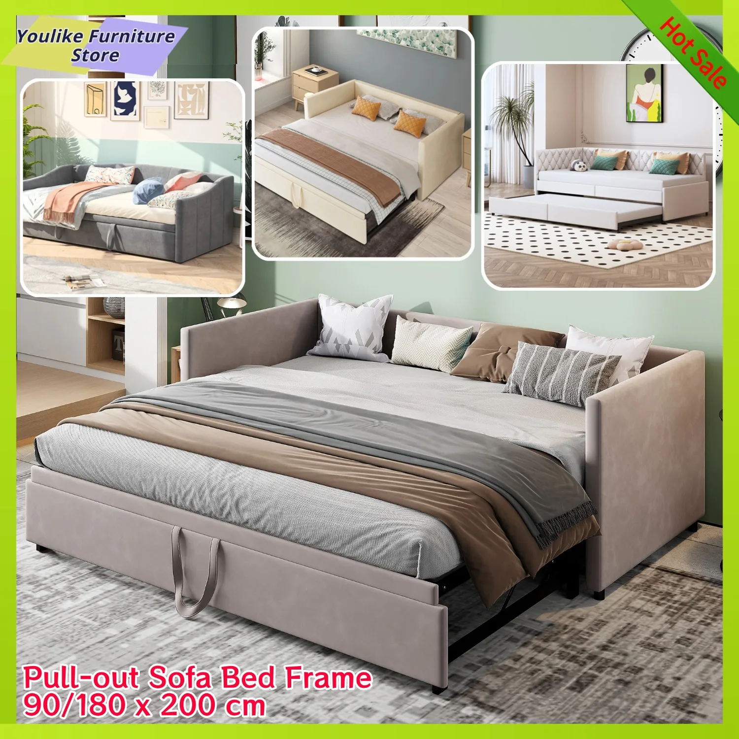 Comanlai Ausziehbares Schlafsofa, Rahmen 90/180 x 200 cm, samtgepolstertes Bett mit Lattenrost, platzsparendes Schlafsofa Image