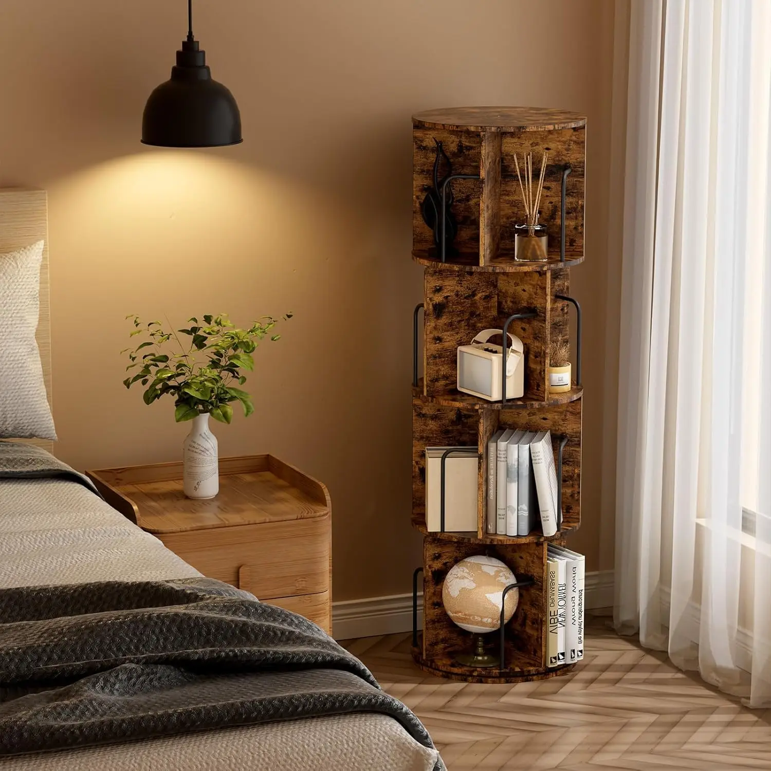 Oak & Tea 4-stöckiges drehbares Holz-Bücherregal 360° Rundum-Zugang & platzsparend | Multifunktional für Büro Wohnzimme | Braun Image