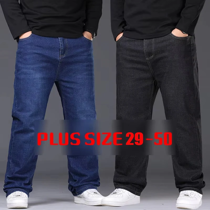 29–50 Größen Herren-Stretch-Jeans, Jeanshose mit geradem Bein, verlängerte Größe, Blau/Schwarz, Streetwear, entspannte Passform für Arbeit und Freizeit