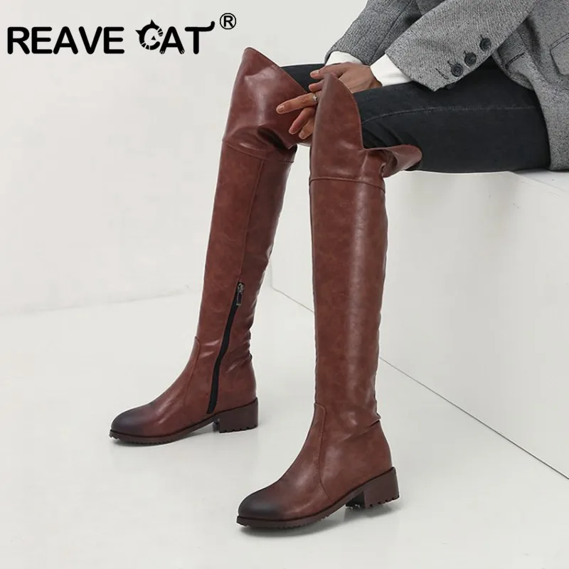 Reave Katze Frauen über dem Knie Stiefel Absätze lange Stiefel schwarze Dame Schuhe Größe 44 45 46 Botine
