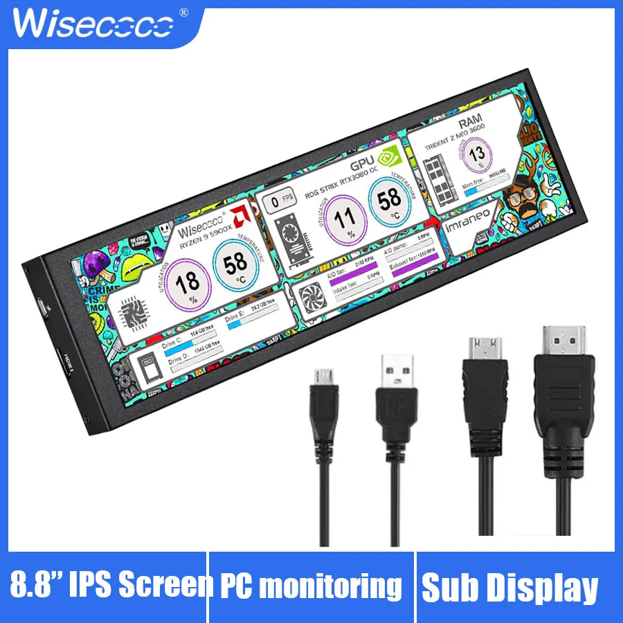 Wisecoco 8,8 Zoll kapazitiver Touch 480x1920 langer Streifen tragbarer Monitor Stretched Bar LCD Aida64 PC Sub Display Ultra wide Image