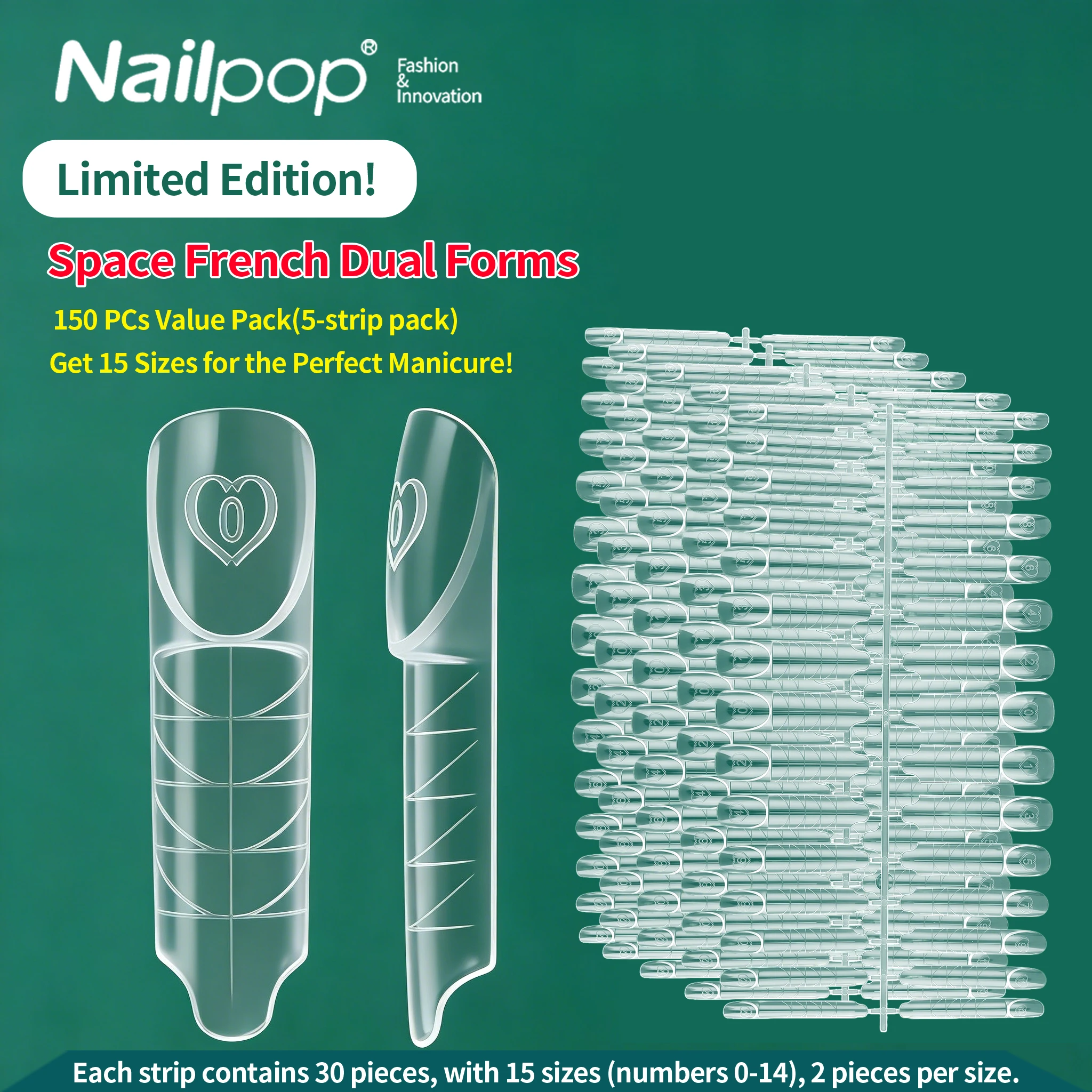 Forme Dual per Unghie Nailpop Space, 15 Misure, Trasparenti Riutilizzabili per Estensione Unghie in Gel, Strumento per Manicure Francese, Kit Fai-da-Te per Salone, 60/75/150 Pezzi