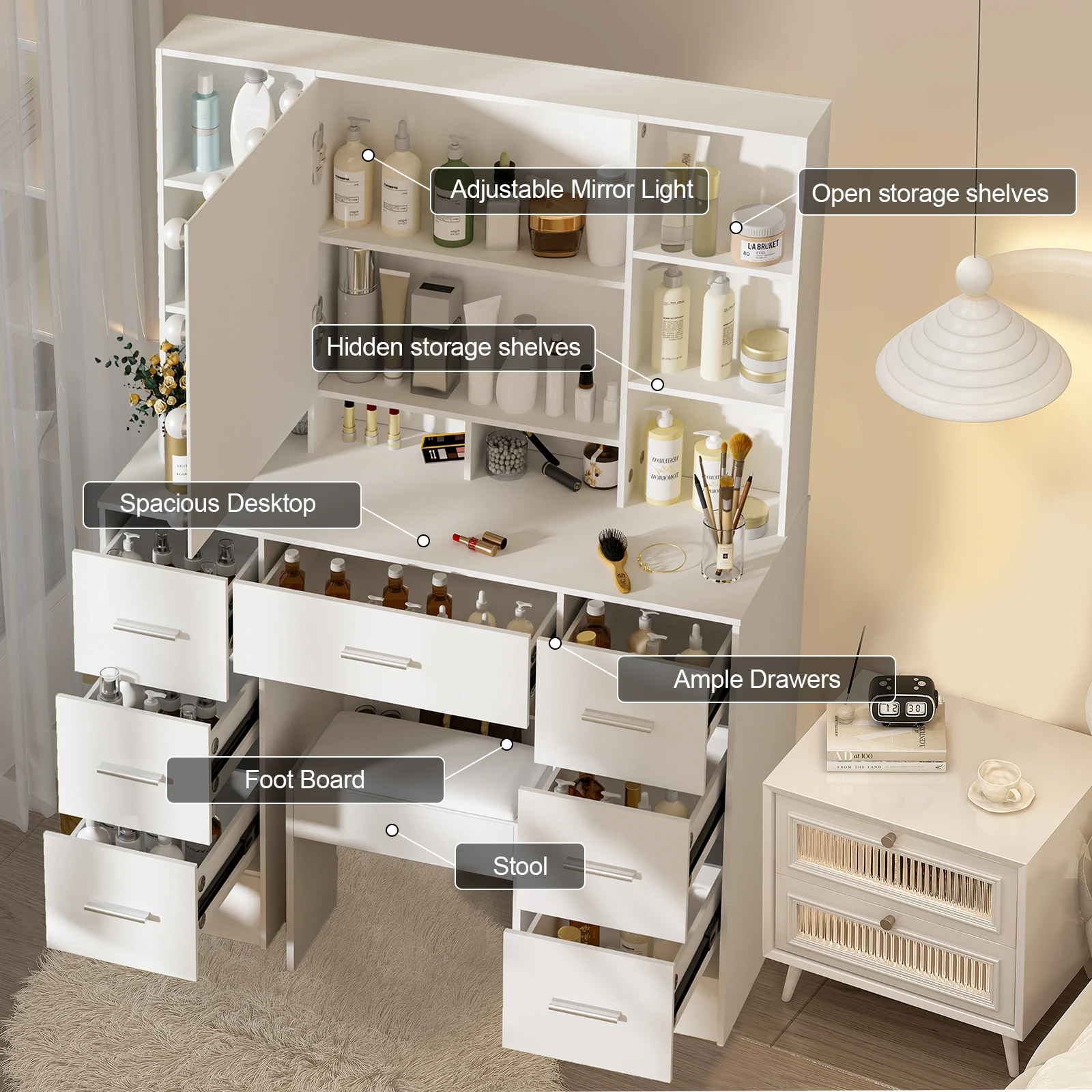 Schminktisch-Set mit LED-Leuchten, Spiegel, Make-up, Schminktisch und Hocker, 10 Regale