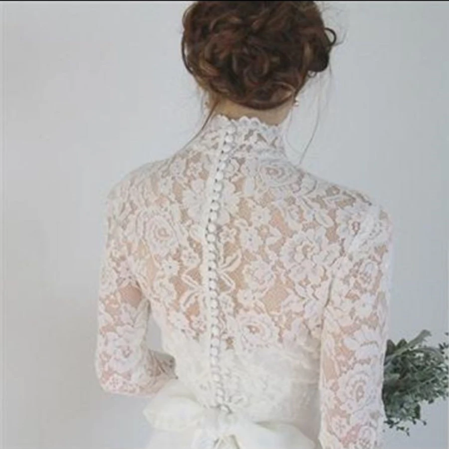 High Neck Lace Applikationen Braut Bolero Schal Hochzeitsaccessoires Hochzeitsjacke Achselzucken Spitzenschal Langarm Brautmantel Image