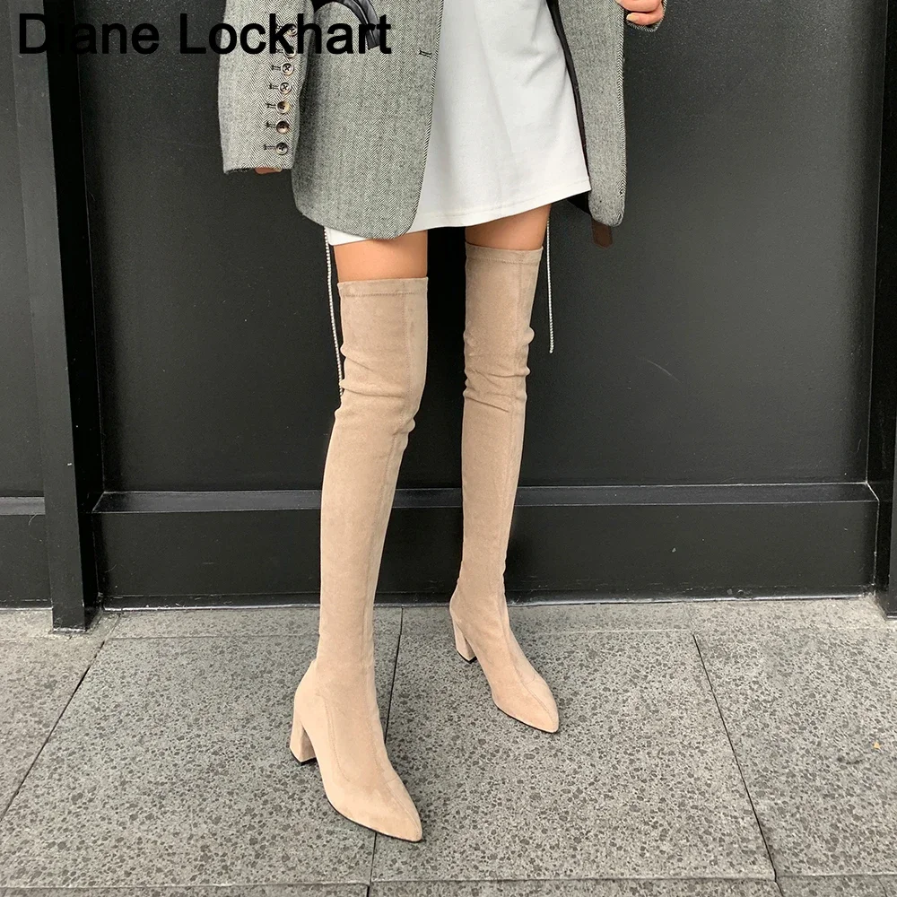 Sexy Slim Fit elastische Flock-Overknee-Stiefel Damenschuhe 2025, Herbst-Winter-Damen-High-Heel-Overknee-lange Oberschenkel-hohe Botas