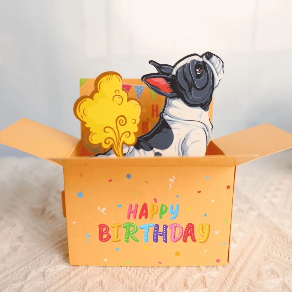 3D-Pop-Up-Geburtstagskarte mit französischer Bulldogge, lustiges, alles Gute zum Geburtstag, Überraschungsgeschenk mit Umschlag, Notizkarte für Damen, Herren, Mädchen, Jungen Image