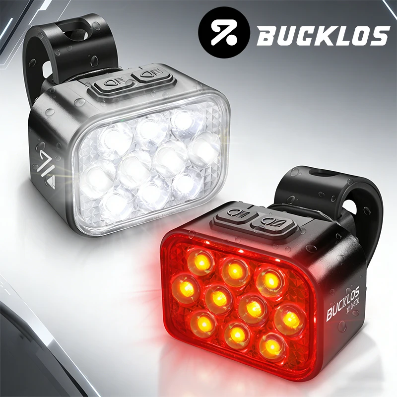 BUCKLOS Luci per bicicletta 10 LED Luci posteriori anteriori per ciclismo notturno 1100/350mAh Lampade per bici impermeabili Tipo-c Luce per bici ricaricabile