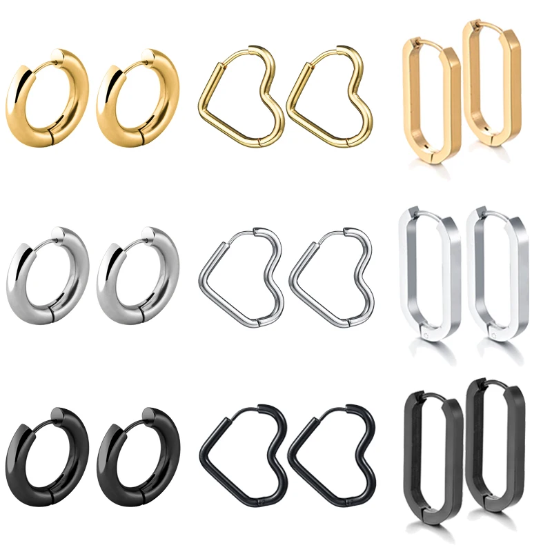 Glänzende Edelstahl-Creolen für Damen und Herren, Hip Hop, Steampunk, rund, oval, Herz, Schwarz, Gold, Silber, Farbe, Huggie-Schmuck, Geschenk