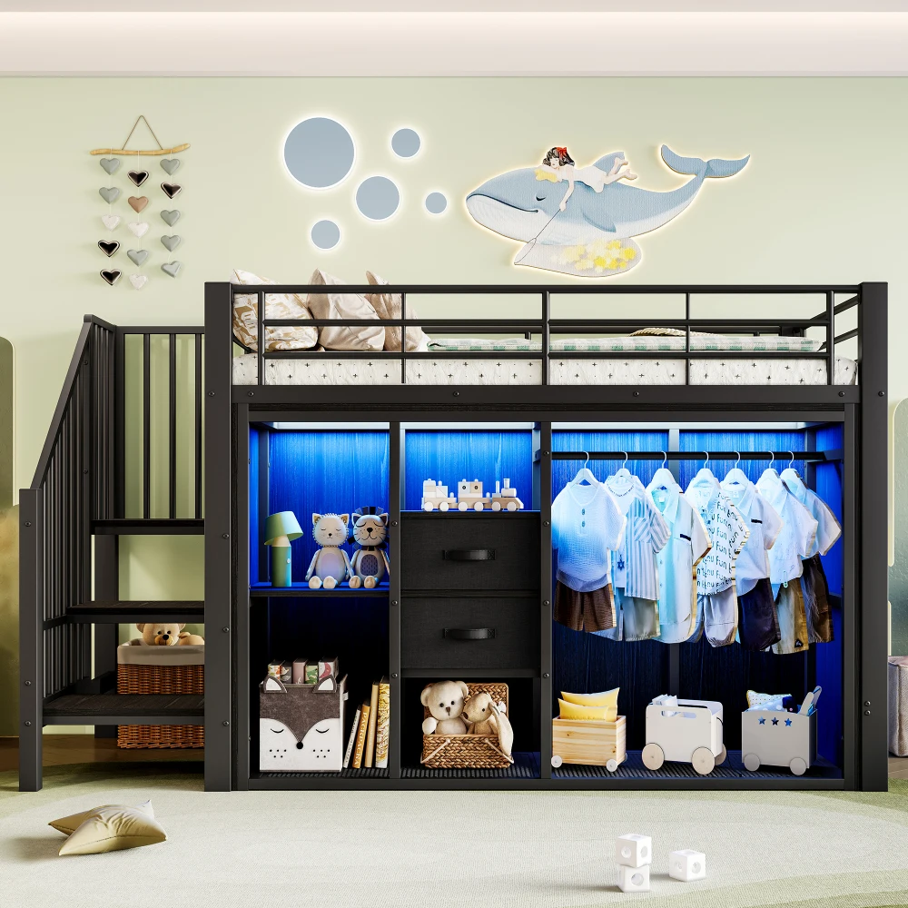 90 * 200 cm großes Etagenbett, mit 2 Schubladen und offenem Kleiderschrank, mehrfarbige LED-Beleuchtung, mehrere Ablagefächer (ohne Matratze) Image