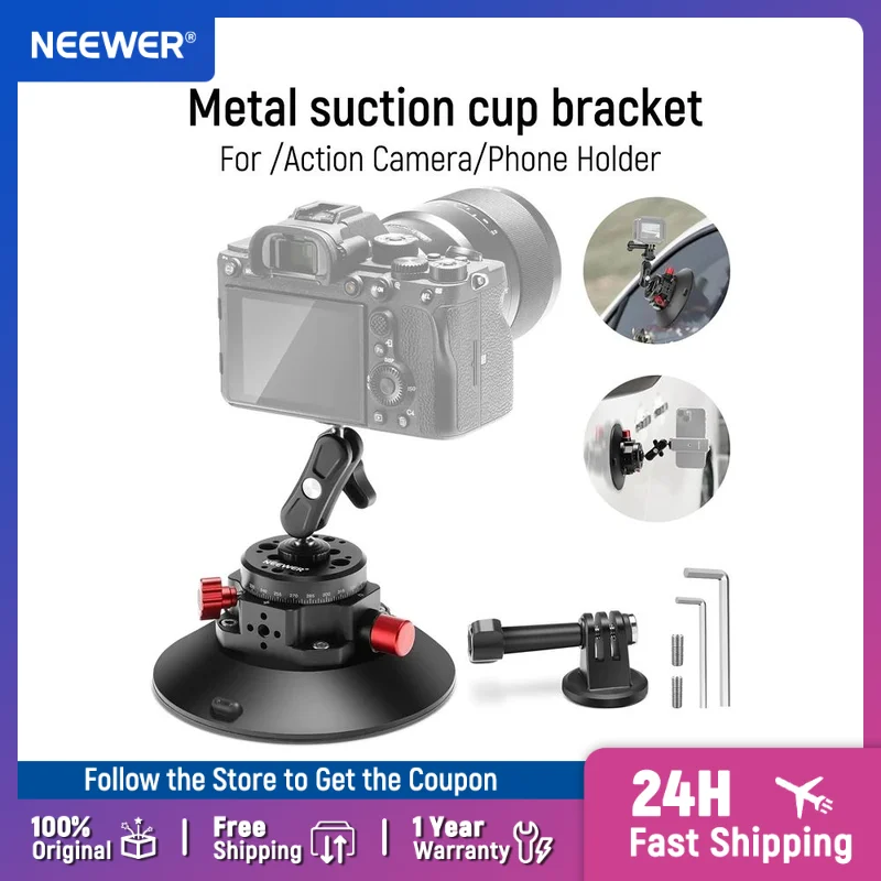 NEEWER 6"/15,2 cm Kamera-Saugnapfhalterung, Metall-Saugnapfhalterung auf Auto-Windschutzscheiben-Armaturenbrett für Kamera/Action-Kamera/Telefonhalter Image