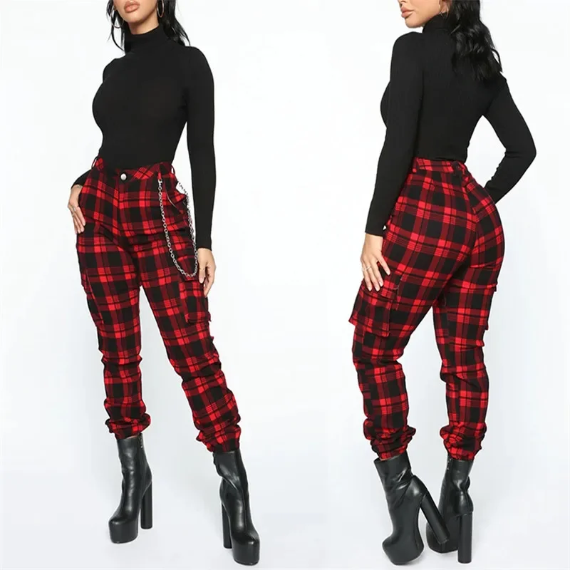 Damen Punk Rot Schwarz Karierte Cargohose Ohne Kette Hohe Taille Streetwear Gothic Egirl Grunge Hose Streetwear