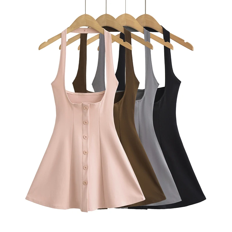 Neu in Mini kleidern für Frauen Sommer schwarz kurze Kleider Abend party sexy Kleid Button Up Neck holder Kleid elegant braun