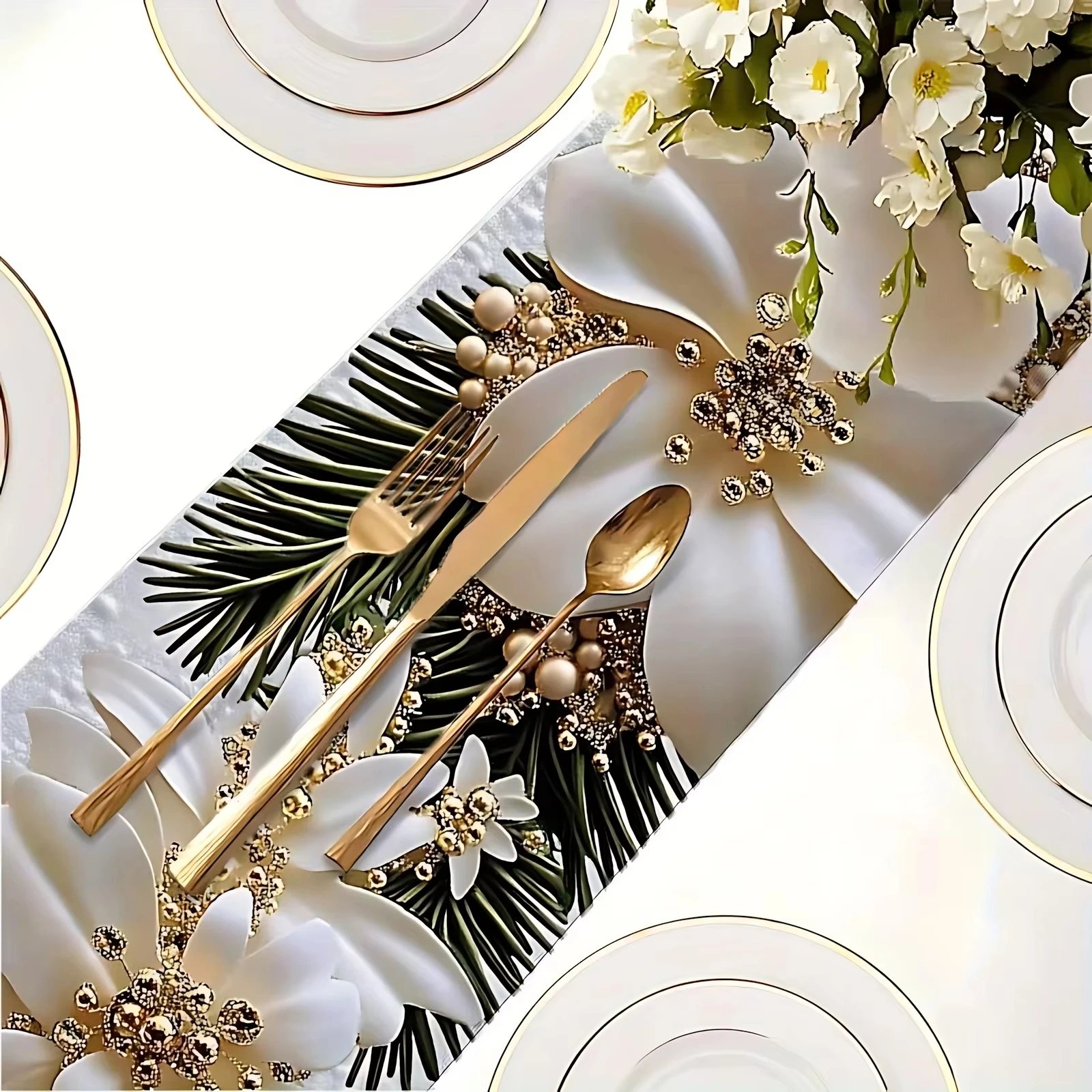 Goldene Feiertags-Tischfahne mit 3D-Blumen- und Kiefernmuster, Restaurant-Weihnachtstischdecke, Heimtextilien für Luxusbegeisterte, Geschenk