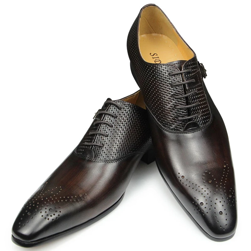 Luxus Herren Business Echtem Leder Schuhe Mode Hochzeit Oxfords Lace-up Spitz Schwarz Grün Kaffee Brogues Kleid Schuhe