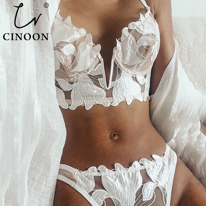 CINOON Set di biancheria intima da donna con reggiseno ricamato in pizzo francese sexy Set di biancheria intima da donna Push Up sottile Bralette Set di reggiseno e slip a V profondo