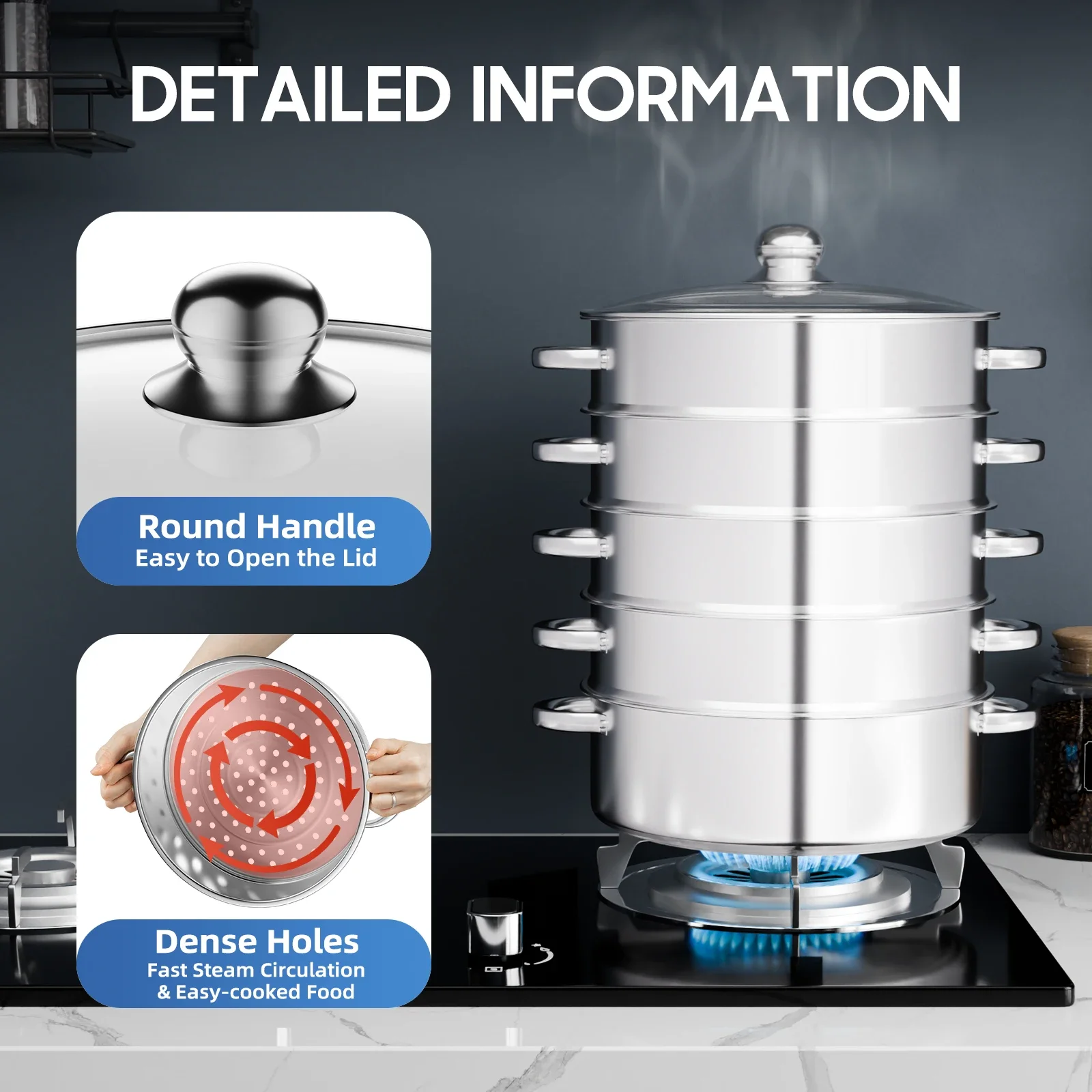 5-lagiger Edelstahl-Dampfgarer, multifunktionaler Dampfgarer mit zwei runden Griffen, geeignet für den Einsatz auf verschiedenen Öfen Image