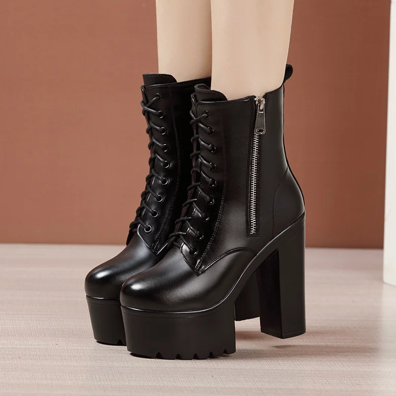 14 cm kleine Größe 32–43 elegante Damenschuhe Winter Plateau Stiefeletten 2026 Block High Heel Schuh warme Lederstiefel Kleid Modell