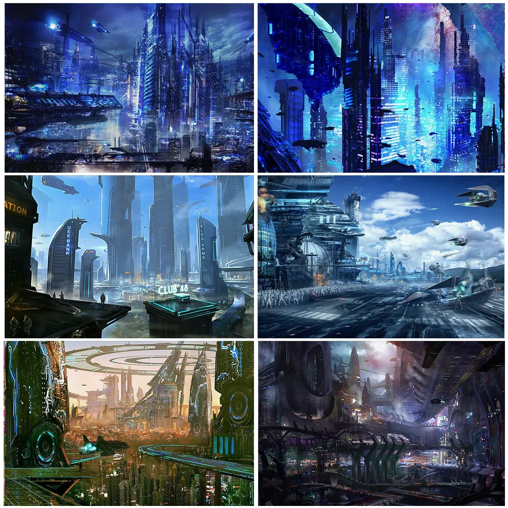 Cyberpunk-Stadt-Hintergrund, technologischer zukünftiger Stil, Party-Hintergrund, Schlafzimmer-Dekoration, Fotografie, Studio, Requisiten, Geburtstagsgeschenke Image