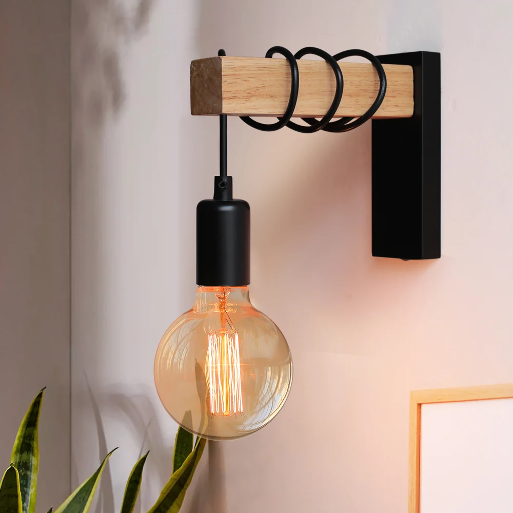 110V/220V Wandleuchte mit Schaltfunktion Eisen-Holz Wandlampe E27 Retro Wandleuchte Innen-Wandlampe Esszimmer Nachttischlampe