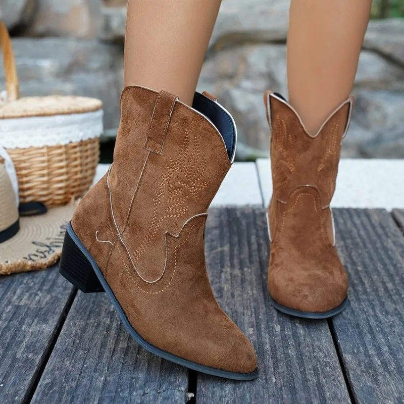 2025, modische einfarbige Damen-Mid-Top-Stiefel, mittelhohe Stiefel, bestickte Western-Cowboy-Stiefel, klassische Damen-Schuhe mit niedrigem Absatz