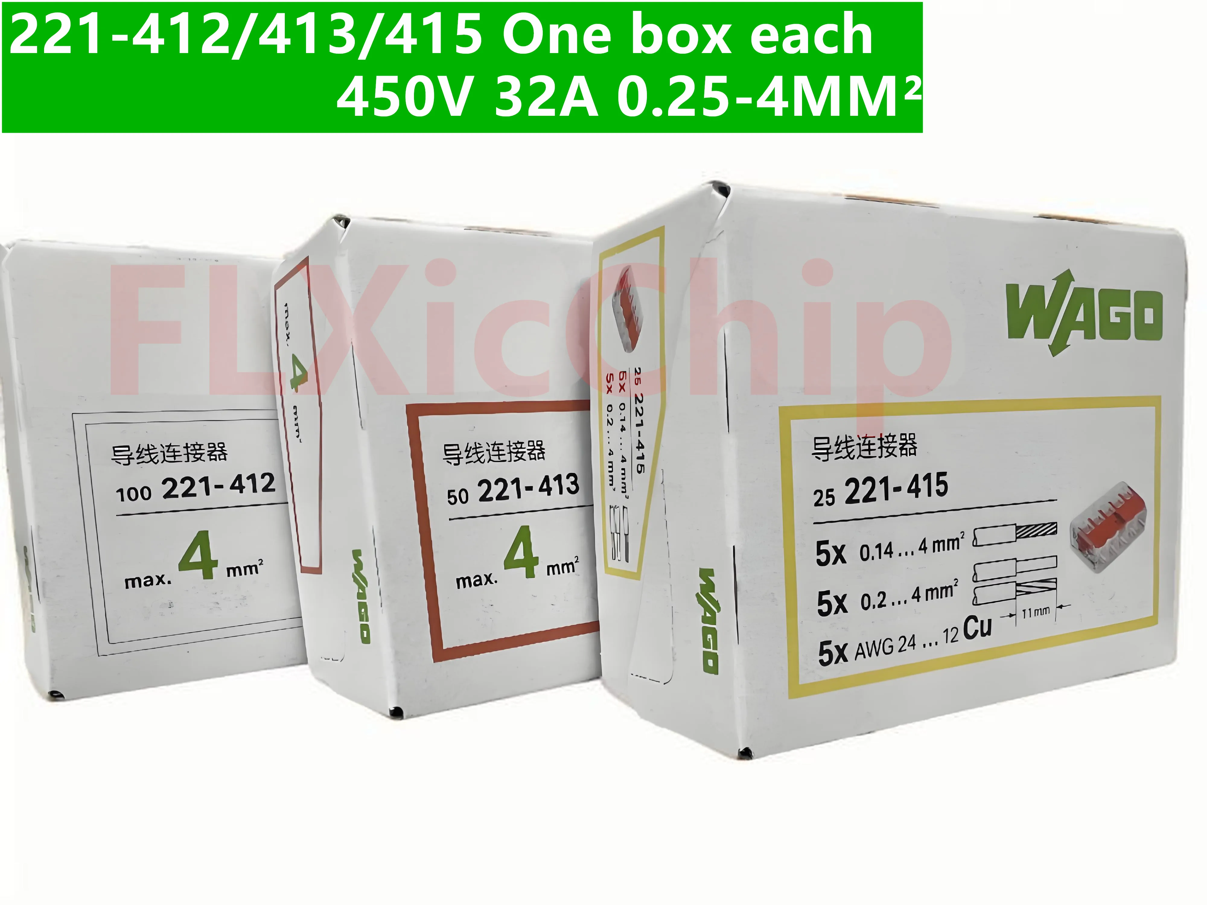 Europäische WAGOs 221-Serie orangefarbener Klemmenblock-Kombinationssatz, eine Box, jeweils 221-412/413-415 elektrische Verkabelungsanschlüsse. Neu Image
