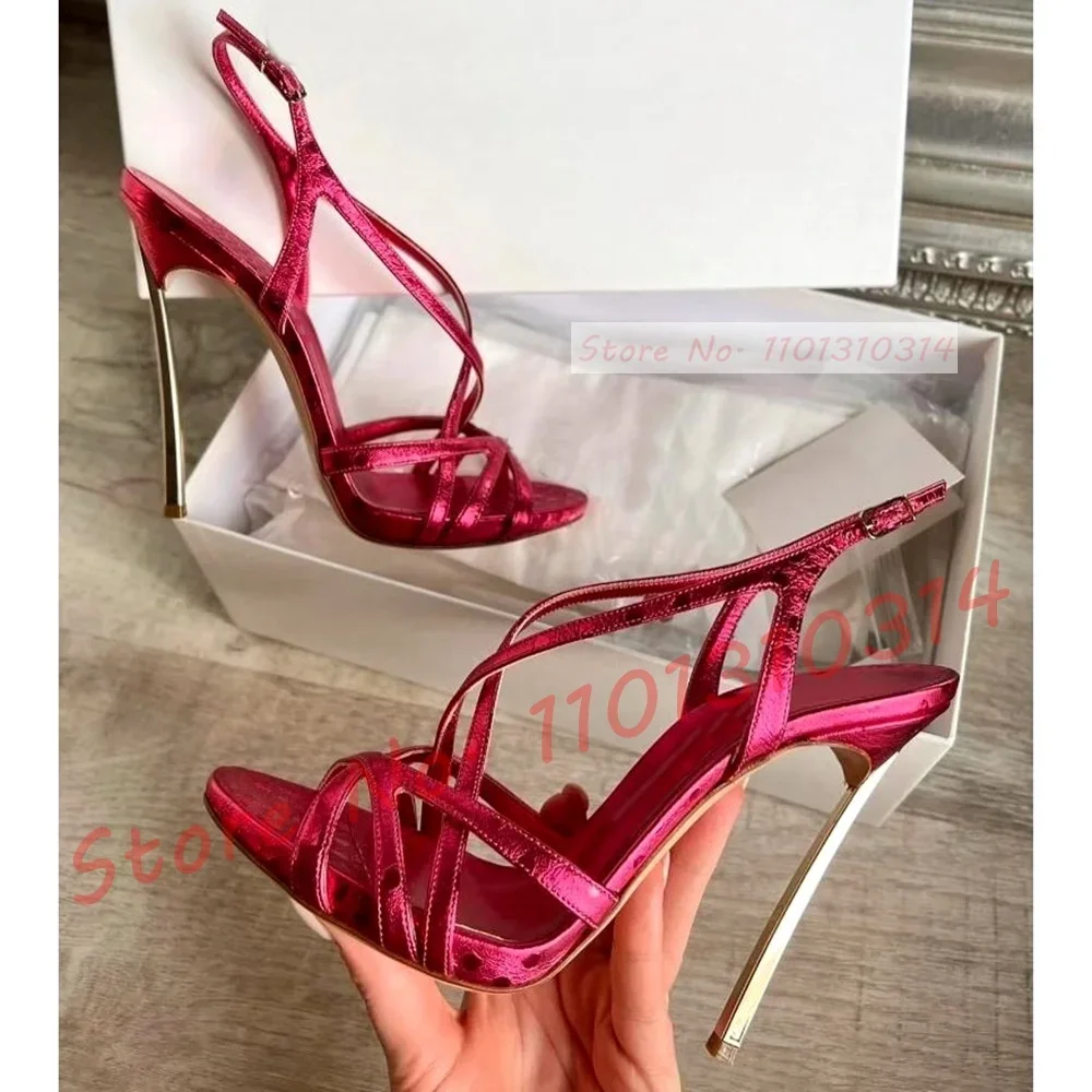 Rote metallische Metall absätze Sandalen Frauen Sling back Cross Strap Luxus schuhe weiblich Sommer sexy plus Größe Bankett High Heels Schuhe