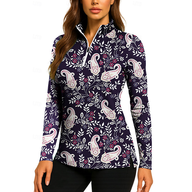 Women's Golf Polo Shirt Tennis Shirt Tennis Tee Long Sleeve Print Quarter Zip Pullover UV Protection Elastic Breathable Volleyball Tennis Golf Zip Collar Shirt Polo Red Dark Navy Purple Tennis