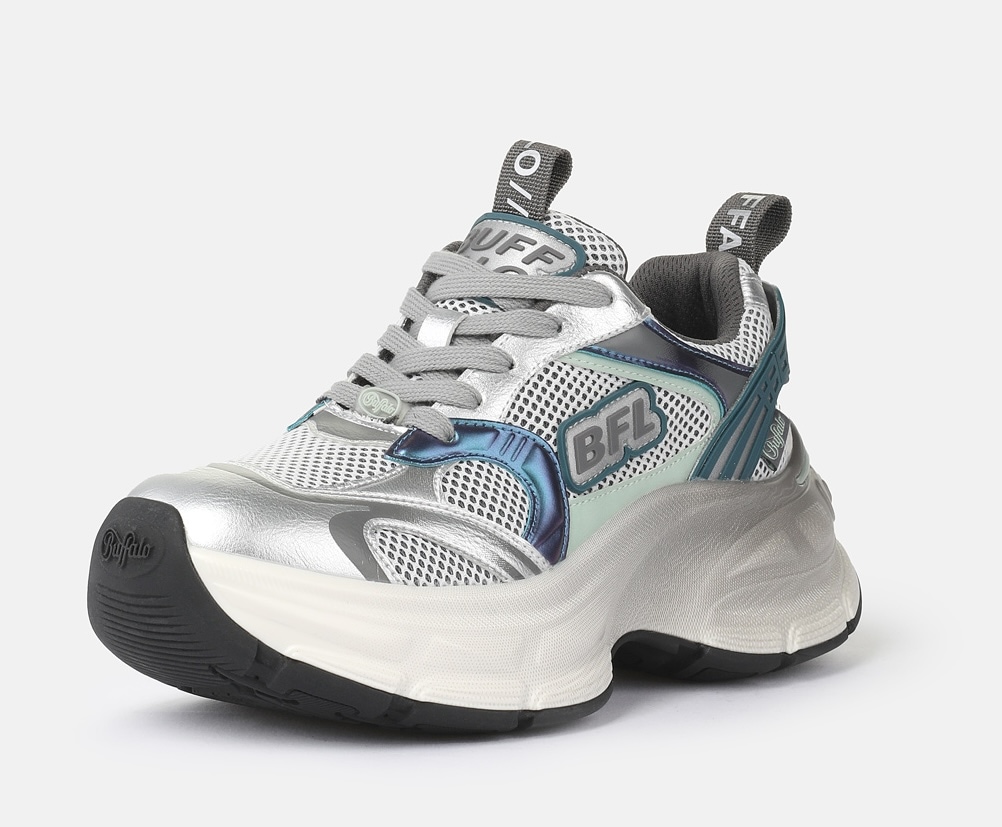 Plateausneaker BUFFALO "RIDR ONE", Damen, Gr. 39, grau, silberfarben, grün, Lederimitat, Textil, kontrastfarbene Details, Schuhe Plateausneaker, Halbschuh, Schnürschuh, Chunky-Sneaker mit trendy Plateausohle