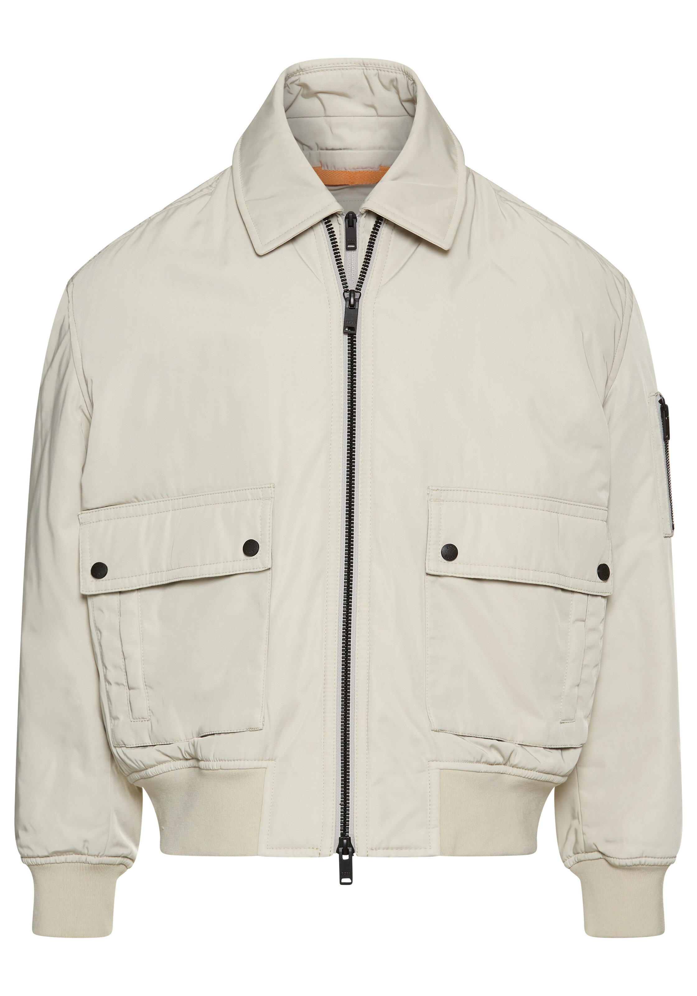 Blouson BOSS ORANGE "Oking", Herren, Gr. 54, beige (light beige271), Web, Obermaterial: 100% Polyester, unifarben, regular fit hüftlang, Strickbündchen, Jacken Blouson, mit abnehmbarem Kragen