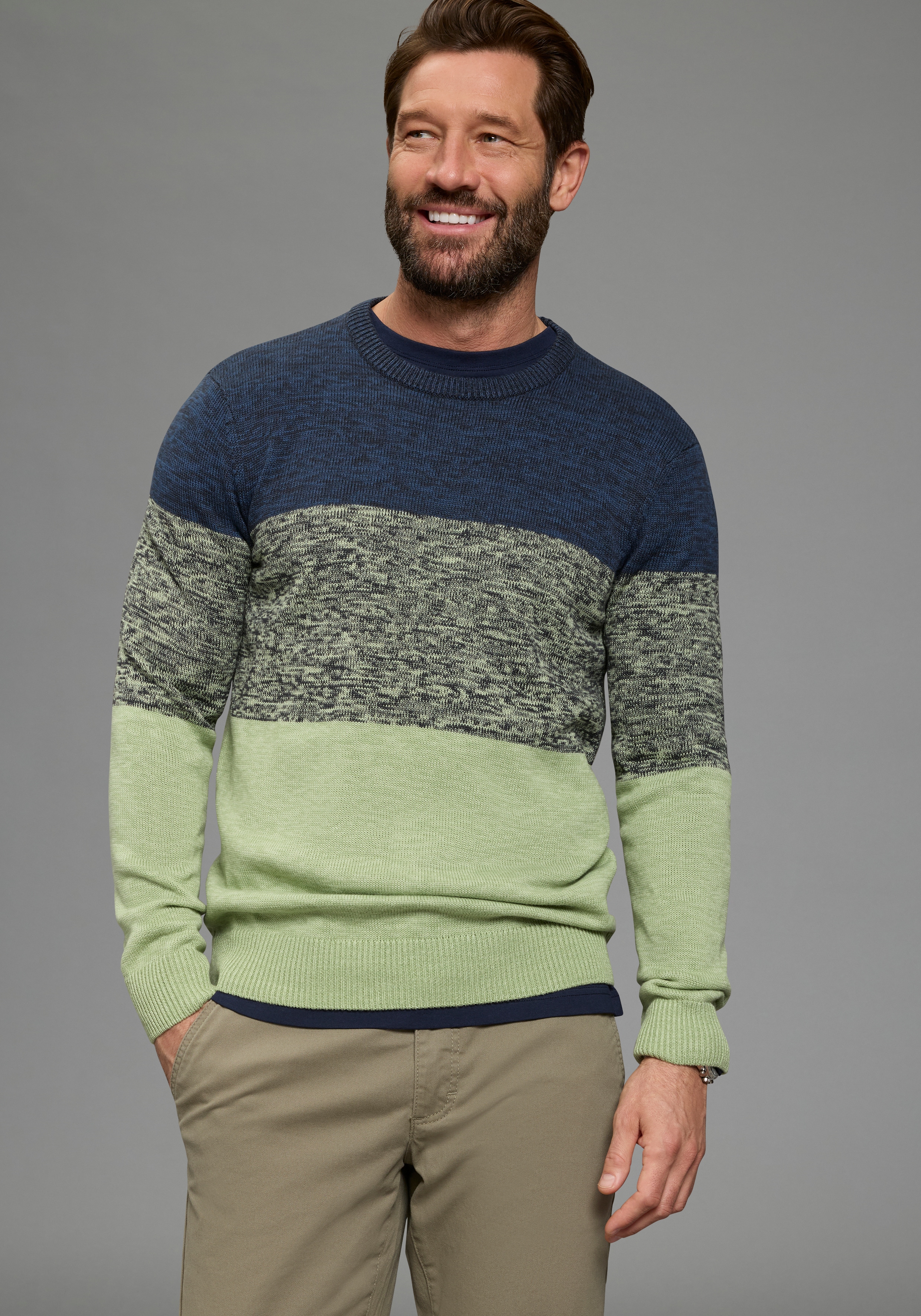 Rundhalspullover MAN'S WORLD "Bis Größe 5 XL", Damen, Gr. S (44/46), grün, blau, Strick, Obermaterial: 50% Baumwolle, 50% Polyacryl, meliert, regular fit, Rundhals, Rippstrickbündchen, Pullover Rundhalspullover, mehrfarbig