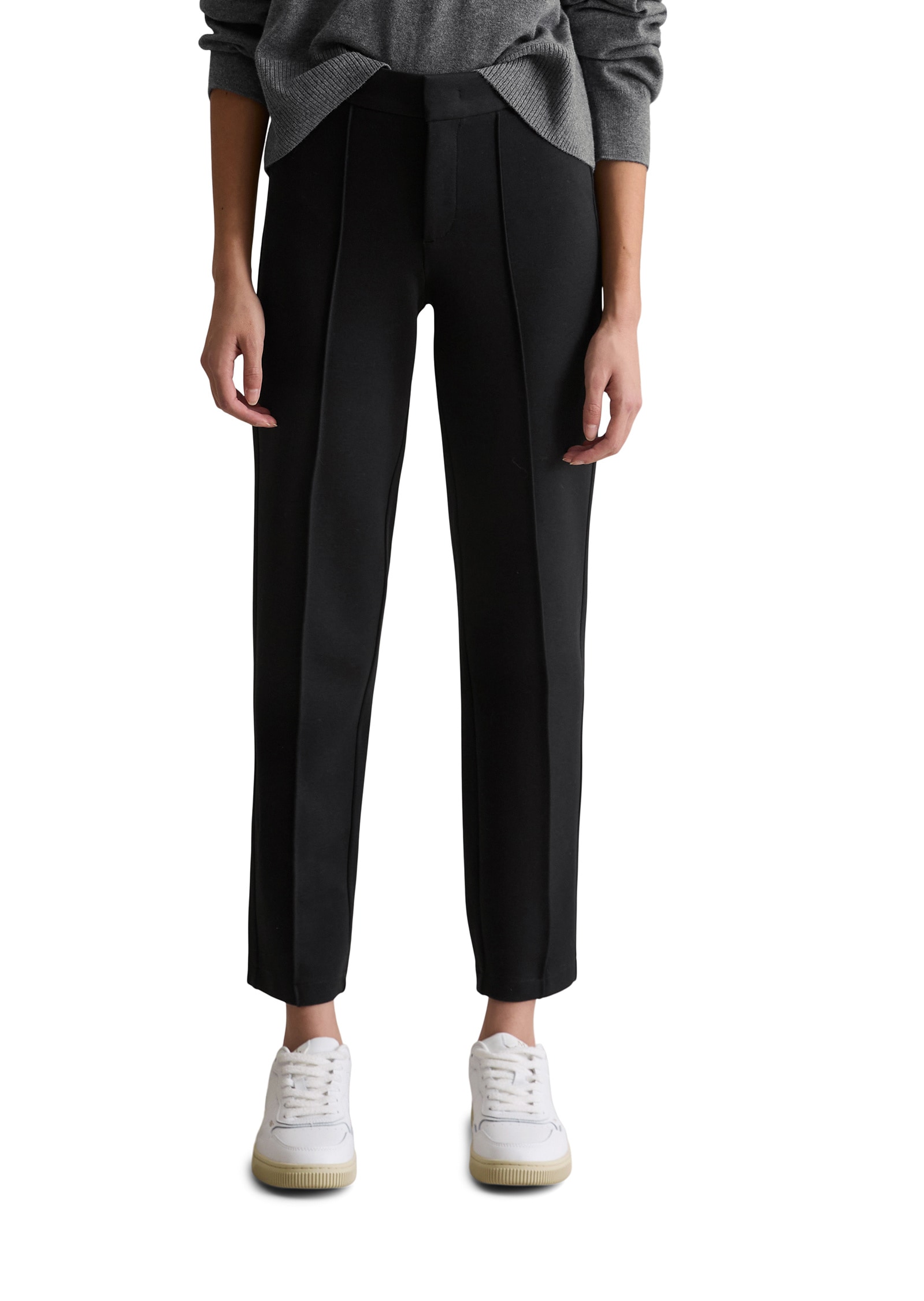 Chinohose MARC O'POLO DENIM "aus kompakter Interlock-Qualität", Damen, Gr. XL, Normalgrößen, schwarz, Obermaterial: 74% Viskose, 21% Polyamid, 5% Elasthan, unifarben, slim fit kurz, Hosen Chinohose